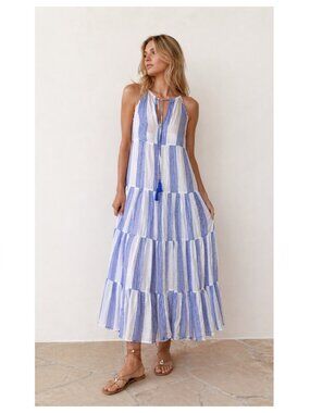 TUCKERNUCK OLIPHANT Long Tiered Tassel Dress Blue White